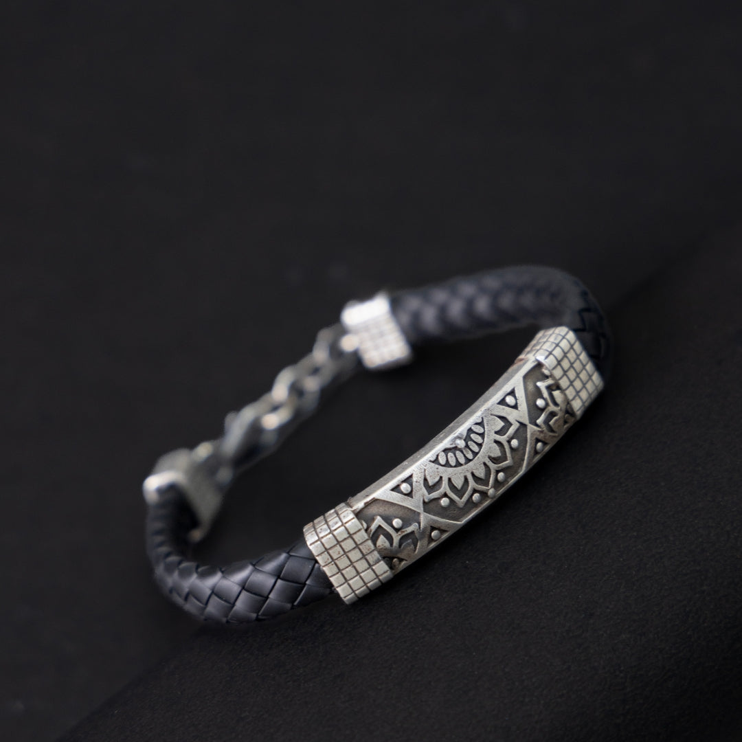 Mandala Leather silver bracelet